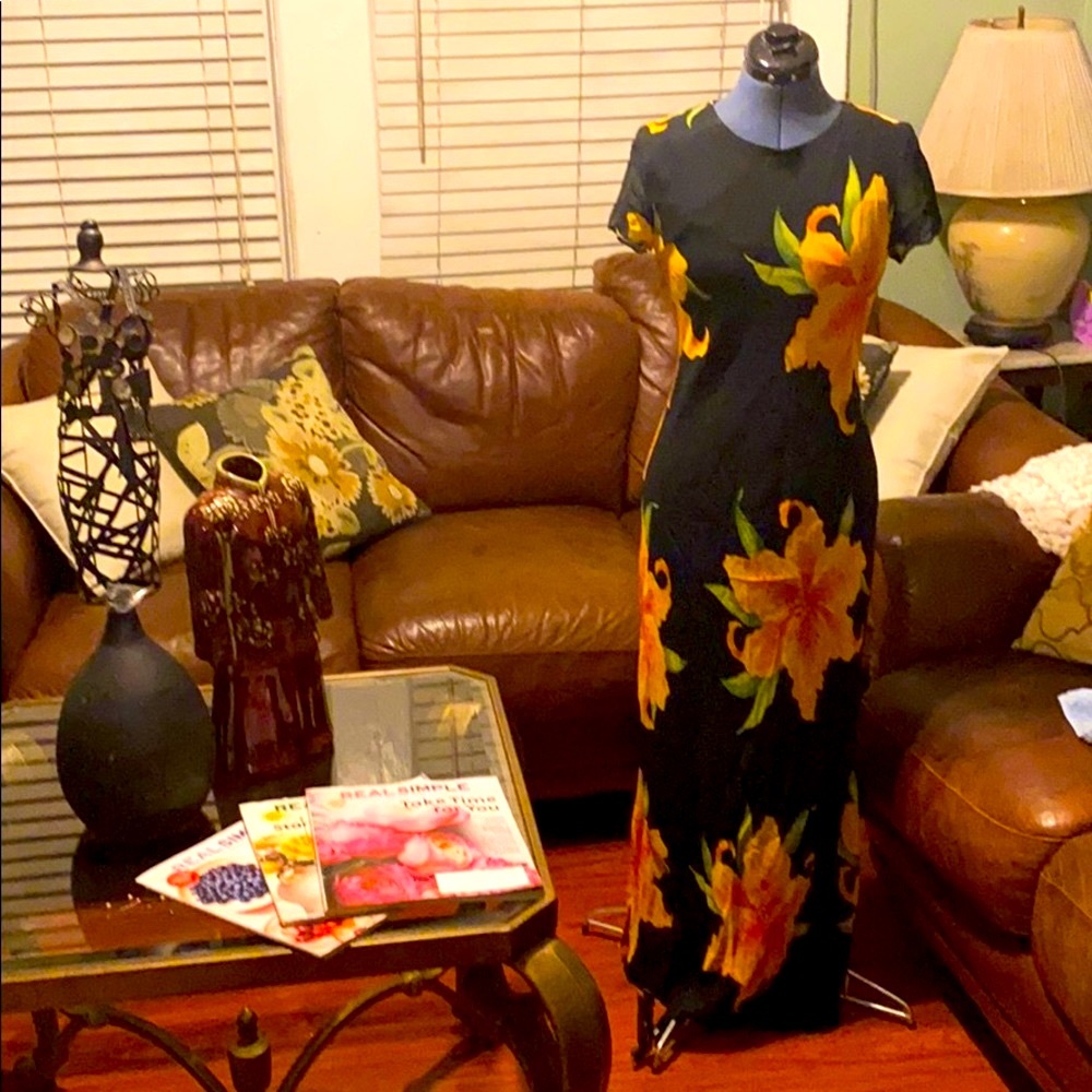 Long Maxi Rayon Black Floral Dress, Size 6